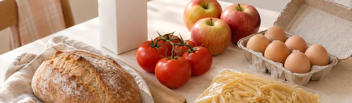 Alimentos cotidianos organizados sobre una mesa clara