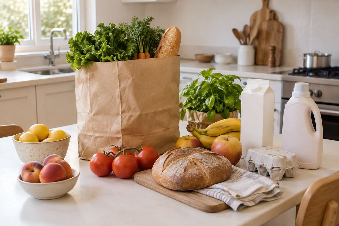 Una compra de supermercado con alimentos y productos cotidianos sobre una mesa clara