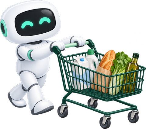 Elisa empujando un carrito con alimentos y productos de supermercado